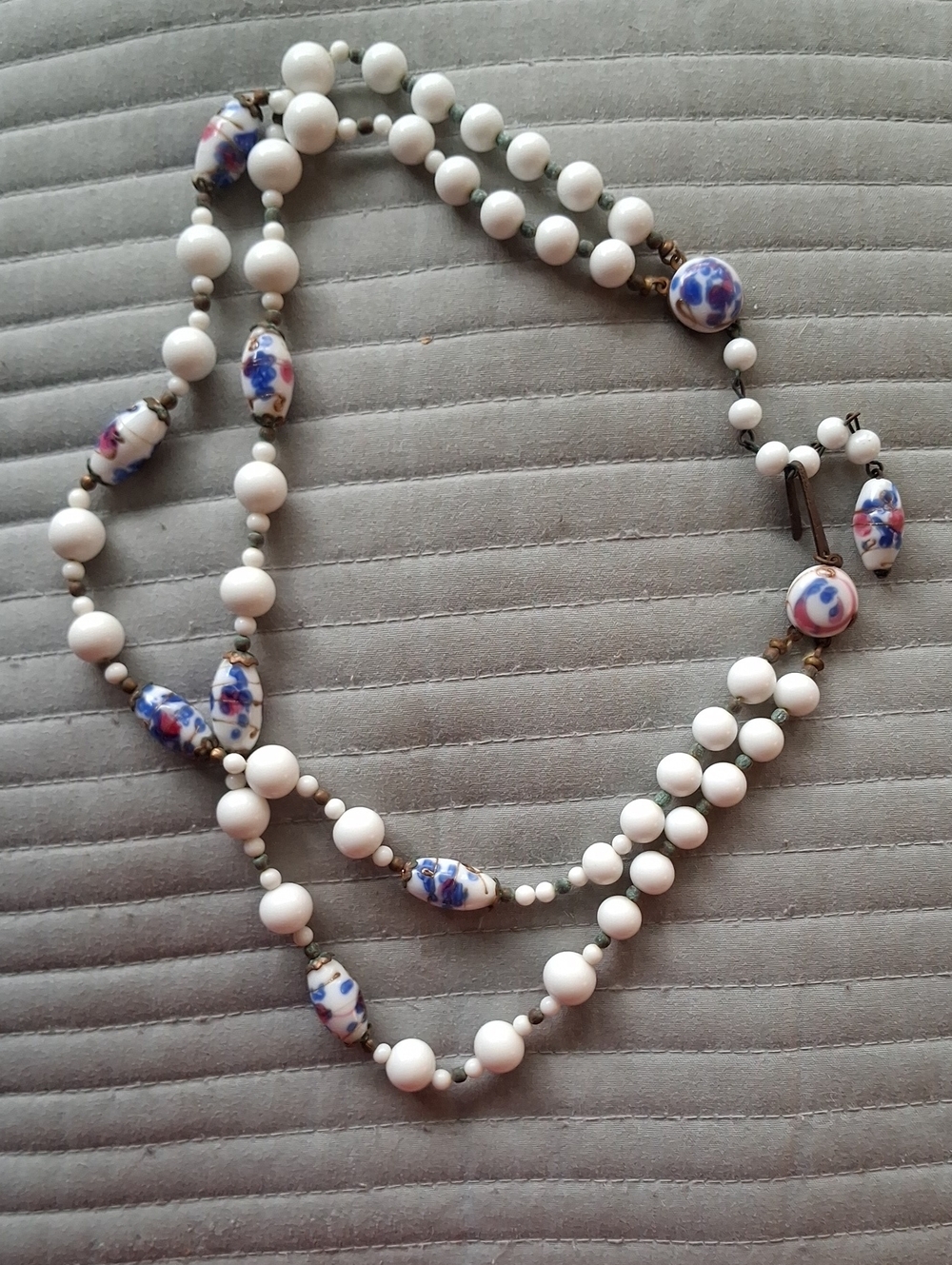 Japan Signed Necklace with Blue and Pink Floral Accent Beads